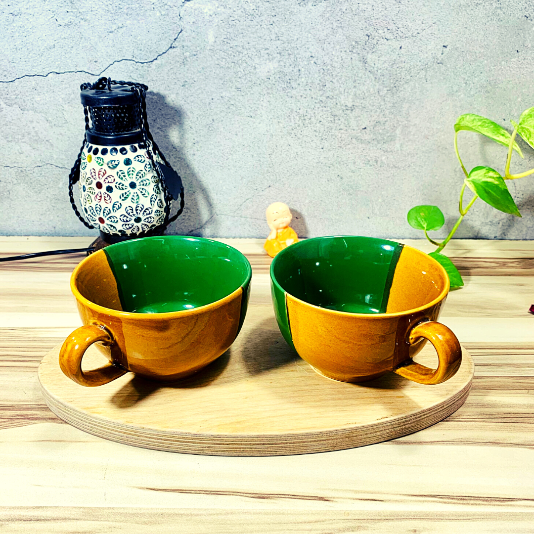 Homefrills Ceramic Glossy Finish Large Coffee Mugs/Soup Mugs/Cereal Bowls Set of Two Glossy Finish Suitable for Coffee, Tea, Juice, Cappuccino, Soup,Milk etc. (275ml) Set of 2 (Colour-Green & Yellow)